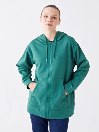 Kapüşonlu Düz Oversize Kadın Fermuarlı Sweatshirt