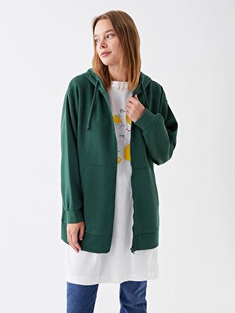 Kapüşonlu Düz Oversize Kadın Fermuarlı Sweatshirt