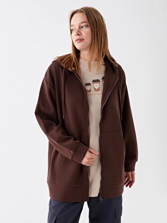 Kapüşonlu Düz Oversize Kadın Fermuarlı Sweatshirt