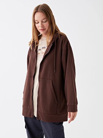Kapüşonlu Düz Oversize Kadın Fermuarlı Sweatshirt