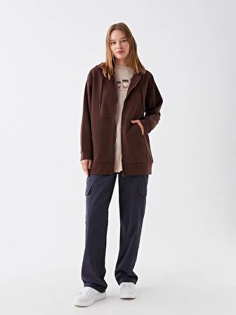 Kapüşonlu Düz Oversize Kadın Fermuarlı Sweatshirt