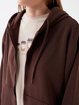 Kapüşonlu Düz Oversize Kadın Fermuarlı Sweatshirt
