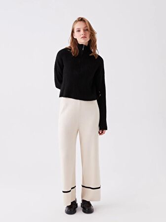 Beli Lastikli Düz Geniş Paça Kadın Triko Pantolon
