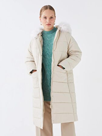 Kapüşonlu Düz Oversize Kadın Şişme Mont