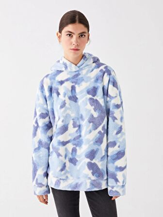 Desenli Uzun Kollu Oversize Kadın Pelüş Hoodie