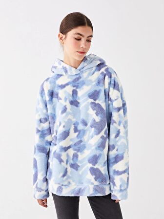 Desenli Uzun Kollu Oversize Kadın Pelüş Hoodie
