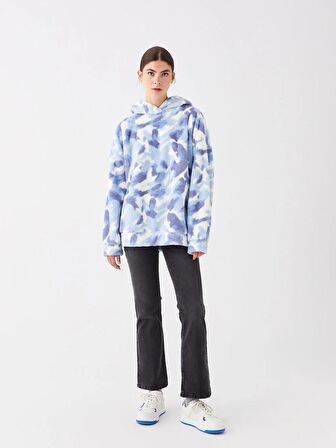 Desenli Uzun Kollu Oversize Kadın Pelüş Hoodie