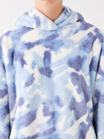 Desenli Uzun Kollu Oversize Kadın Pelüş Hoodie