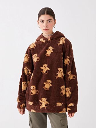 Baskılı Uzun Kollu Oversize Kadın Pelüş Hoodie