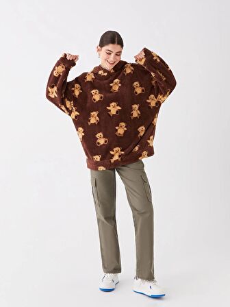 Baskılı Uzun Kollu Oversize Kadın Pelüş Hoodie