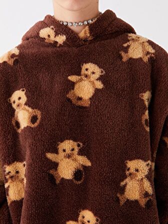 Baskılı Uzun Kollu Oversize Kadın Pelüş Hoodie