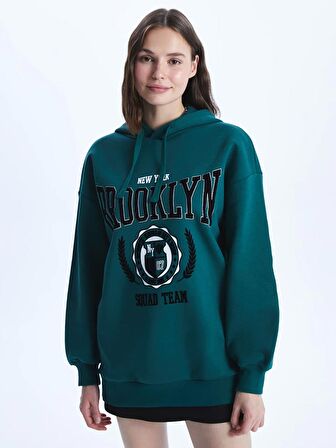 Baskılı Uzun Kollu Oversize Kadın Hoodie