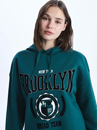 Baskılı Uzun Kollu Oversize Kadın Hoodie