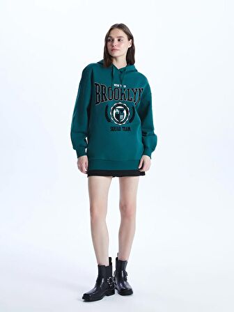 Baskılı Uzun Kollu Oversize Kadın Hoodie