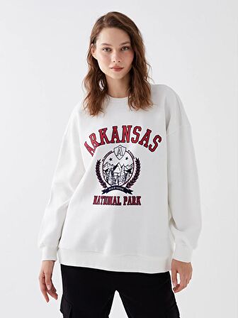 Bisiklet Yaka Baskılı Uzun Kollu Oversize Kadın Sweatshirt