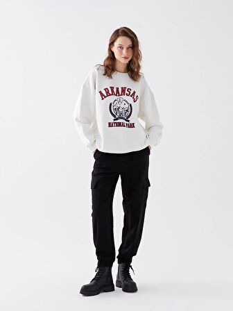 Bisiklet Yaka Baskılı Uzun Kollu Oversize Kadın Sweatshirt