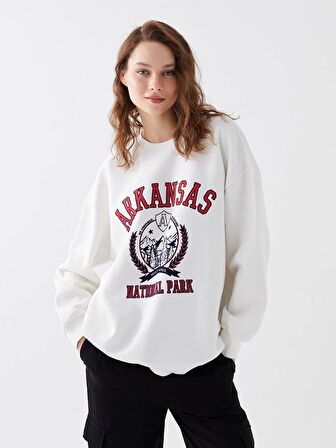 Bisiklet Yaka Baskılı Uzun Kollu Oversize Kadın Sweatshirt