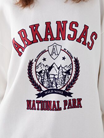 Bisiklet Yaka Baskılı Uzun Kollu Oversize Kadın Sweatshirt