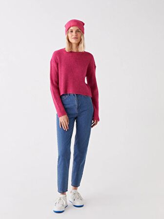 Bisiklet Yaka Kendinden Desenli Uzun Kollu Kadın Triko Kazak