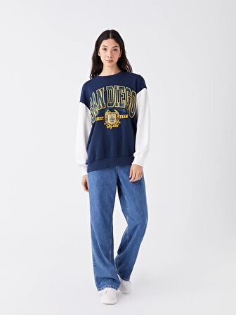 Bisiklet Yaka Baskılı Uzun Kollu Oversize Kadın Sweatshirt