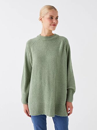 Bisiklet Yaka Düz Uzun Kollu Oversize Kadın Triko Kazak