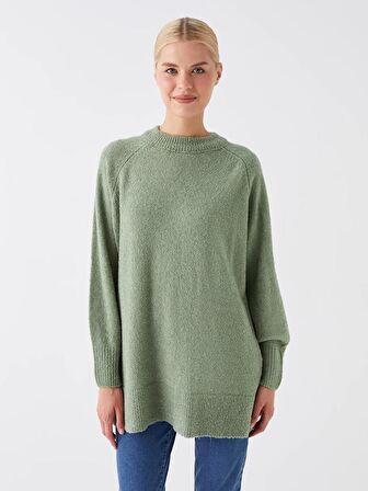 Bisiklet Yaka Düz Uzun Kollu Oversize Kadın Triko Kazak