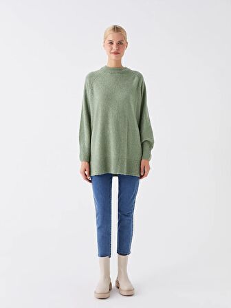 Bisiklet Yaka Düz Uzun Kollu Oversize Kadın Triko Kazak
