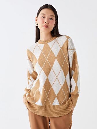 Bisiklet Yaka Desenli Uzun Kollu Oversize Kadın Triko Kazak