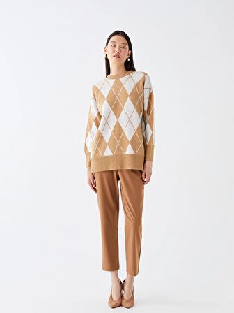 Bisiklet Yaka Desenli Uzun Kollu Oversize Kadın Triko Kazak