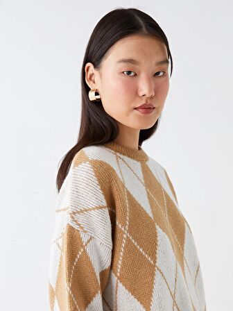 Bisiklet Yaka Desenli Uzun Kollu Oversize Kadın Triko Kazak