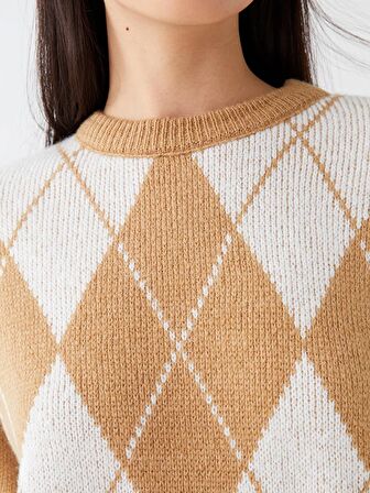 Bisiklet Yaka Desenli Uzun Kollu Oversize Kadın Triko Kazak