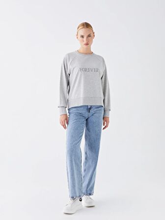 Bisiklet Yaka Baskılı Uzun Kollu Oversize Kadın Sweatshirt