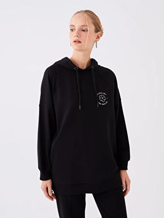 Kapüşonlu Baskılı Oversize Kadın Sweatshirt Tunik