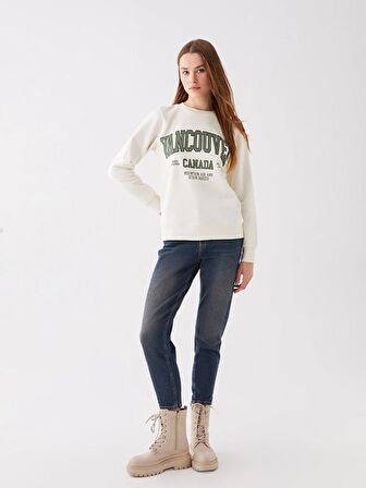 Bisiklet Yaka Baskılı Uzun Kollu Kadın Sweatshirt