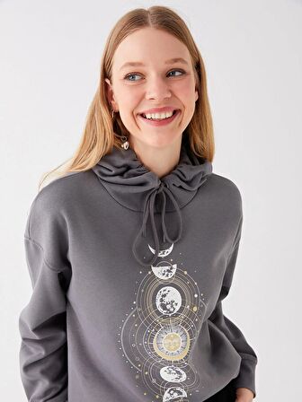 Baskılı Uzun Kollu Kadın Hoodie