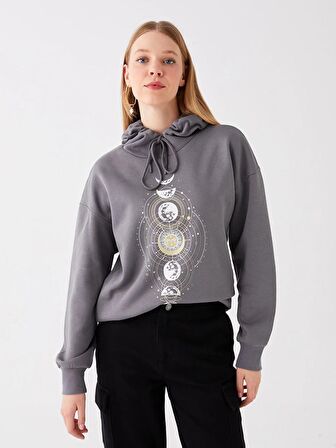 Baskılı Uzun Kollu Kadın Hoodie