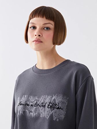 Bisiklet Yaka Baskılı Uzun Kollu Kadın Sweatshirt