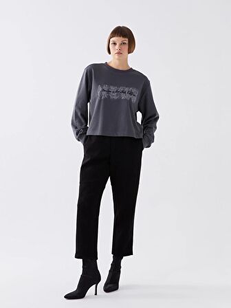 Bisiklet Yaka Baskılı Uzun Kollu Kadın Sweatshirt