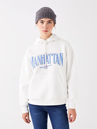 Baskılı Uzun Kollu Oversize Kadın Hoodie