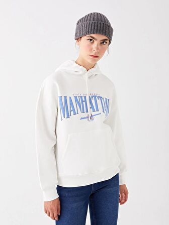Baskılı Uzun Kollu Oversize Kadın Hoodie