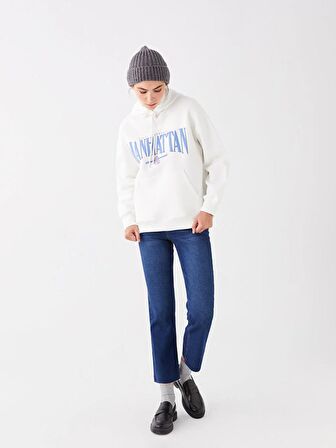 Baskılı Uzun Kollu Oversize Kadın Hoodie