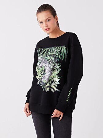 Bisiklet Yaka Baskılı Uzun Kollu Oversize Kadın Sweatshirt