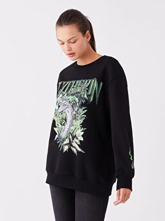 Bisiklet Yaka Baskılı Uzun Kollu Oversize Kadın Sweatshirt