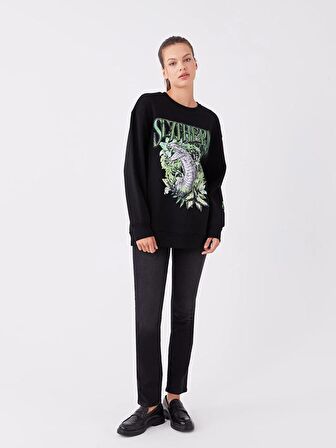Bisiklet Yaka Baskılı Uzun Kollu Oversize Kadın Sweatshirt