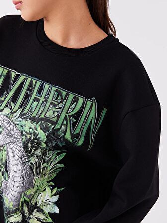 Bisiklet Yaka Baskılı Uzun Kollu Oversize Kadın Sweatshirt