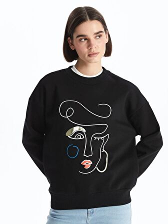 Bisiklet Yaka Baskılı Uzun Kollu Oversize Kadın Sweatshirt