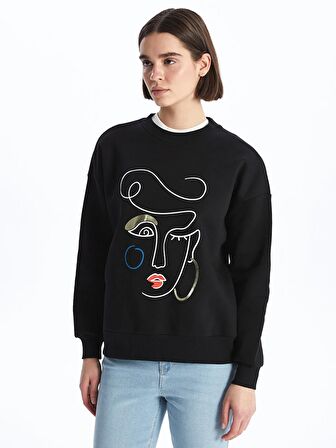 Bisiklet Yaka Baskılı Uzun Kollu Oversize Kadın Sweatshirt