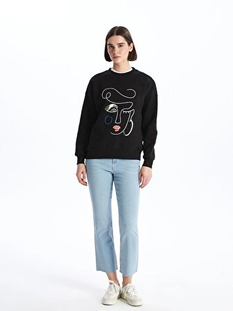 Bisiklet Yaka Baskılı Uzun Kollu Oversize Kadın Sweatshirt