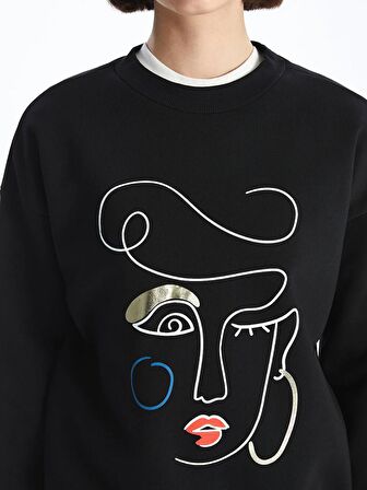 Bisiklet Yaka Baskılı Uzun Kollu Oversize Kadın Sweatshirt