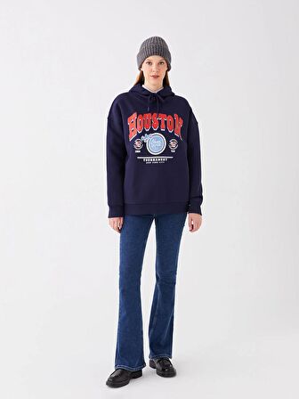 Baskılı Uzun Kollu Oversize Kadın Hoodie